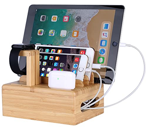 Bamboo Wood Desktop Organizer Charging Docking Station Charger Holder Cradle Stand compatible with iPhone 14 13 12 11 Pro Max iPad Apple Watch 3 4 5 iWatch AirPods/AirPods Pro 2 3 Smartphones Tablet