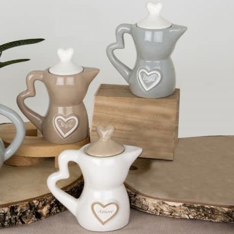 Ingrosso e Risparmio Kit 3 ZUCCHERIERA A Forma di Moka per Caffe' in Porcellana con Cuori INCISI E con in Tre COLORAZIONI Differenti Idea BOMBONIERA