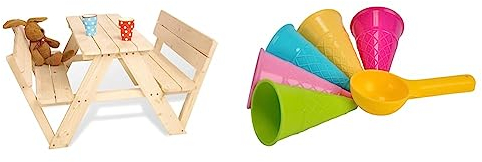 Pinolino Kindersitzgarnitur Nicki für 4 mit Lehne & Simba 107108605 - Sandformen EIS, 5 Waffeln, 1 Portionierer, Sandspielzeug, 15cm, Geschenkset, Sandkasten, Mehrfarbig