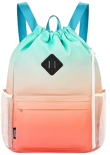 WANDF Drawstring Backpack Sports Gym Bag with Shoes Compartment, Water-Resistant String Backpack Cinch for Women Men (Red-Green Gradient,Large)