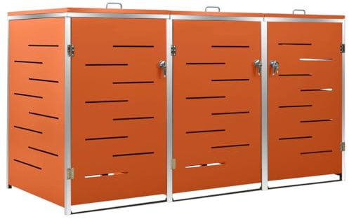 vidaXL Triple Wheelie Bin Shed in Smart Orange - Made from Stainless Steel and Galvanised Steel - Sturdy and Anti-Rust Solution for Outdoor Waste Storage