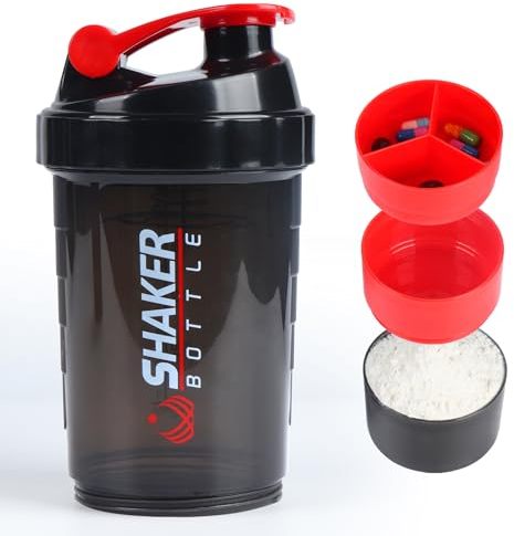 VIGIND Bouteille shaker pour protéines, bouteille d'eau de sport, étanche, antidérapante, 3 couches, gobelets de 3 oz avec plateau pour pilules, poudre de protéines 16 oz (Rouge)