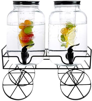 2 x 4L litres Glass Drink Dispenser with Black Wire Stand + Tap/Lid – Glass Water Dispenser for Juices, Cocktails, Lemonade & Water (Country Cooler)