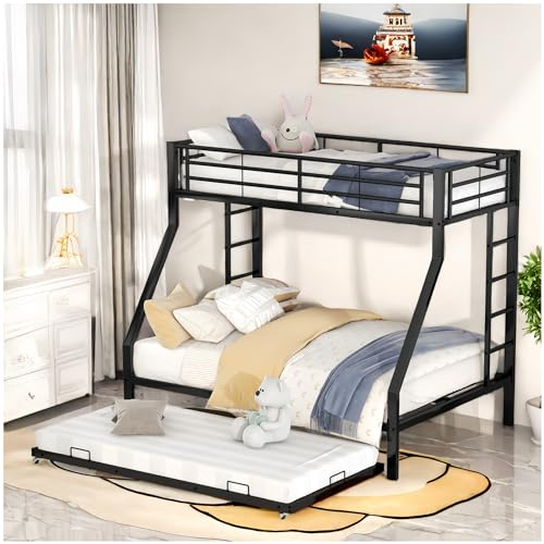Sapgaks Etagenbett mit Ausziehbett, Kinderbett, Metallbett 90 (140) x200 cm, Treppen auf beiden Seiten, für Kinder, Jugendliche, Erwachsene, schwarz