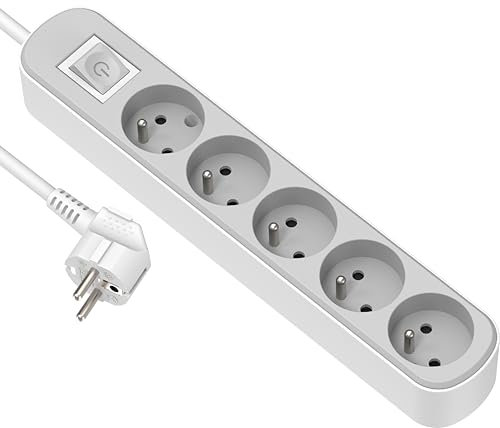 Electraline 32026 Bloc Multiprise Prima 5 Prises 16A avec Interrupteur, Longueur 1.5 Mètres, Blanc/Gris
