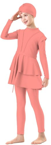 Generisch Kinder Mädchen Muslimische Bademode Langarm Burkini mit Hijab Volle Abdeckung Rash Guard Badeanzug 3tlg Rüschen Tankini Set Sommer Badebekleidung