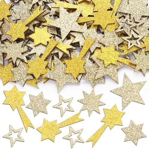 101 Stück Weihnachten Holzsterne Deko Sterne, Glitzer Weihnachtsdeko Tisch Sterne, Mini Streudeko Weihnachten Holz, Sterne Gold Tischdeko für Adventskranz Weihnachten Deko DIY Handwerk (Gold)