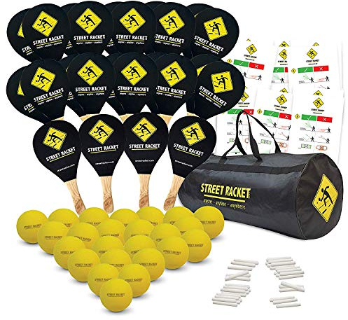 Street Racket Schulset, 24 Holzschläger, 24 Softbälle, Straßenmalkreide zur Spielfeldmarkierung, verpackt in Street Racket Schulsporttasche, 970041