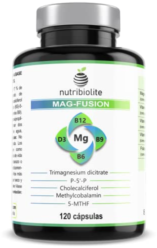 Citrate de Magnésium et Vitamines B6, B9 Folate, B12 et D3. Fatigue, Fonction Musculaire, Articulations et Homocystéine - 120 capsules - MAG-FUSION