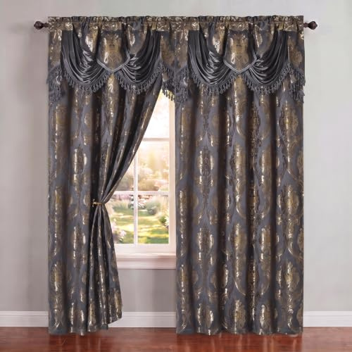 Luxe Love. Tenda a pannello in jacquard con mantovana attaccata, set da 2 pezzi (grigio scuro, 137,2 cm di larghezza x 213,4 cm di altezza con mantovana da 45,7 cm x 2 pezzi)