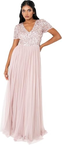 Maya Deluxe Robe de Soirée Femme Maxi, à Manches Courtes, Taille Empire, Robe Demoiselle d'honneur, pour Bal, Mariages