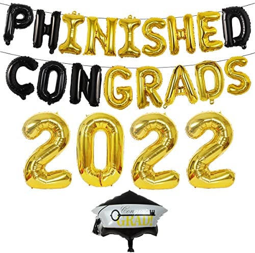 2022 PHD Graduation Party Dekorationen Schwarz Gold – Doctor Graduation Party Supplies mit Phinished Congrads Balloon Banner 2022 Graduation Cap Balloons für 2022 PHD Doctor Graduation Party