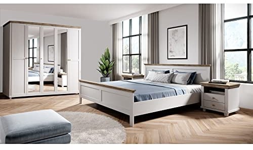 Lomadox Schlafzimmer Komplett Set Landhaus weiß Esche Eiche Doppelbett Bettgestell Liegefläche 160 x 200 cm Kleiderschrank Spiegeltüren Nachtschrank Nachttisch