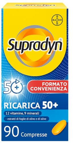 Supradyn Ricarica 50+ Integratore Multivitaminico Completo Vitamine e Minerali con Vitamina B12, C, D, Zinco per Stanchezza Fisica e Concentrazione dai 50 Anni Uomo e Donna, 90 Compresse Rivestite