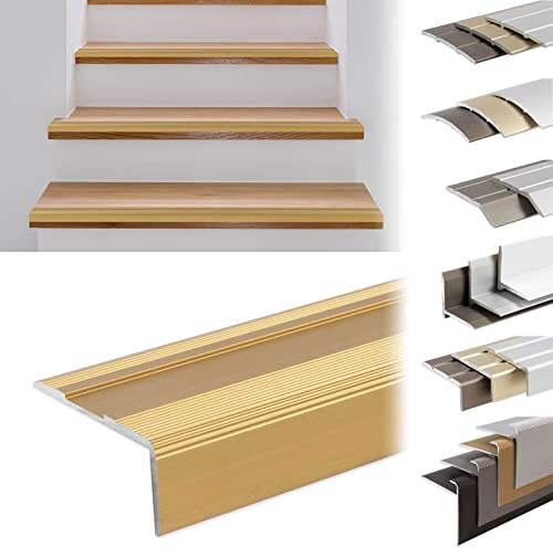 KARAT Profilo per bordi per scale in alluminio, lunghezza 90 cm, 1 pezzo con viti e tasselli, preforato a forma di L, profilo angolare 36 mm larghezza x 17 mm altezza (oro) Glory