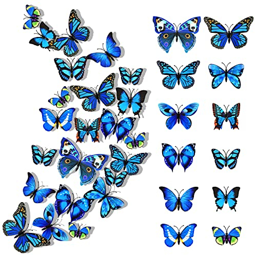 24 Pcs Adesivo da Parete Farfalla, 3D Farfalle Decorative, 3D con Adesivo da Parete Farfalla Magnetico, Adesivo Farfalla Staccabile Ottimo per Decorazioni (Blu)