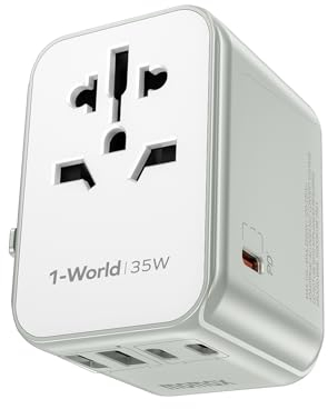 MOMAX International Plug Adapter, Adattatore universale da viaggio PD35W con 3USB-C, 2USB-A e 1AC, adattatore internazionale per americana inglese USA Canada UK Australia Cina Giappone Bianco