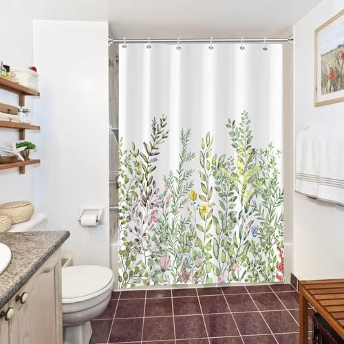 Uiiooazy Tenda Doccia Antimuffa, Tenda da Doccia 150x200cm Foglie Verde Eucalipto Fiori Rosa Vintage Tende da Bagno Tessuto Lavabile Impermeabile Poliestere Tende per Vasca da Bagno con 10 Anelli