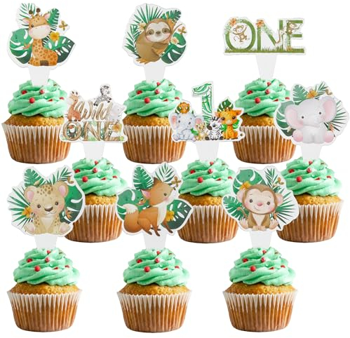 Gyufise 36Pcs Wild One Cupcake Toppers Baby 1st Birthday Cake Decorations Jungle Safari Theme Cake Toppers For Baby Boy Girls Safari Animal Party Supplies