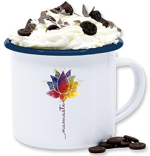 Emaille Tasse Blechtasse - Tassen - Namaste Lotusblüte Yoga Mandala Spirit Wellness Meditation - 300 ml - Weiß Blau - joga lotusblume kaffeetasse geschenke becher fans emailletasse für blech