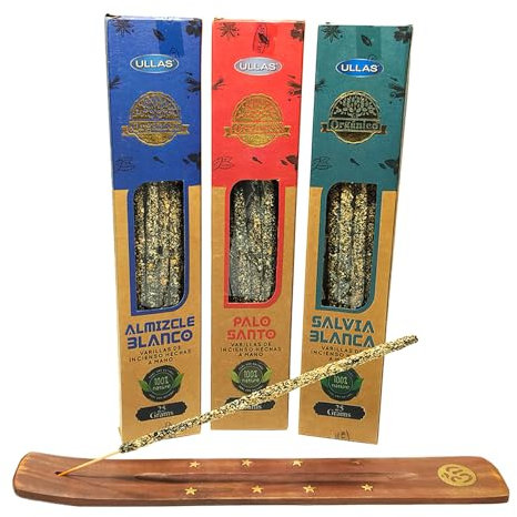 Pack 3 Unidades Incienso Natural Organico Ullas + 1 Tablilla Aromasenses (Palo Santo - Salvia Blanca - Almizcle Blanco)