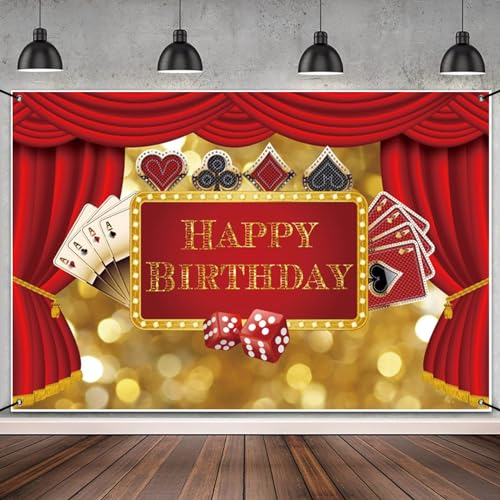MIRRORANG 1,8x1,1m Alles Gute zum Geburtstag Banner Casino Thema Geburtstag Hintergrund rot Vorhang Poker Chip Würfel Las Vegas Geburtstag Party Dekorationen Banner