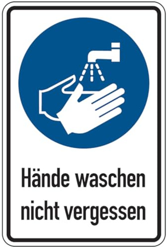 Dreifke® Aufkleber (Folie) Hände waschen, 20x30cm (BxH), Folie selbstklebend, 1 Stück, Gebotszeichen (M011) gem. ISO 7010 mit Text: Hände waschen nicht vergessen