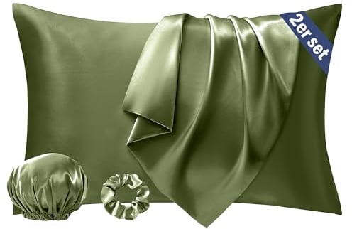 Seiwohl Satin Kissenbezug 40 x 80 2er Set, Weich wie Seidenkissenbezug Silk Pillowcase, Vegane Seide Kopfkissenbezug Kissenhülle Haarschutz für die Nacht mit Haargummi und Haarhaube, Olivgrün