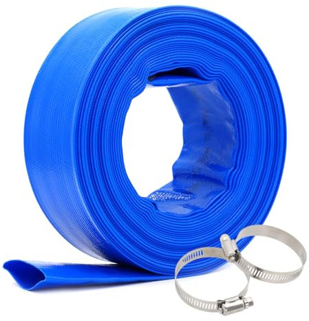 Dcizlont Lay Flat Discharge Water Hose 32mm, 20 Meters, with 2 Clips, for Submersible Water Pump, Draining Pond, Hot Tub, Swimming Pool, Blue