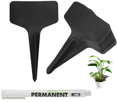 100 unidades etiqueta de planta, etiqueta de huerto al aire libre tipo T con marcador, etiqueta de jardín de plástico impermeable reutilizable, accesorios de jardín exterior para plantas (Negro)