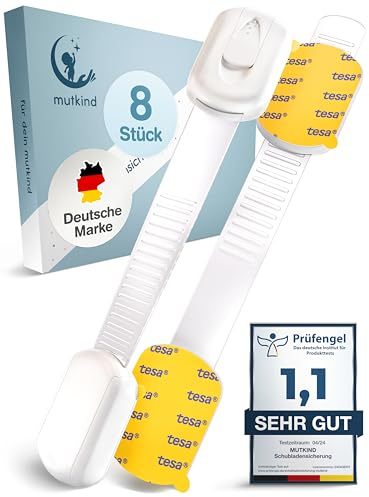 MUTKIND Kindersicherung Schrank - (8 Stück mit Kleber von TESA) Schranksicherung Baby - Längenverstellbar - Schubladensicherung Baby für Schränke, Kühlschrank, Tür - Kindersicherung Schubladen Kinder