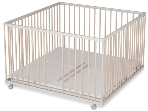 Sämann Laufstall Baby mit 3 Schlupfsprossen | TÜV geprüft | stufenlos höhenverstellbar | Laufgitter Premium | Babybett aus Holz | Krabbelgitter (weiß/natur, 120x120 cm)
