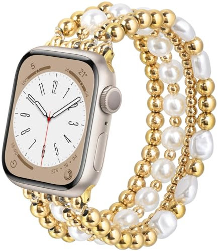 VISOOM Perlen Armbänder Kompatibel für Apple Watch Armband 42mm/44mm/45mm Frauen, Mode Handgemachte Dressy iPhone Watch Armband Elastisches Armband für iWatch Serie SE 9 8 7 6 5 4 3 2 1,Gold-S