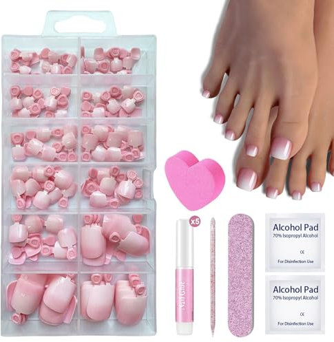 DMQ Ombre Press on Nails for Toes Set, 120Pcs Pink Gradient False Toenails, Square Fake Toe Nails with Glue, 12 Sizes Full Cover Stick on Toenails for Women Nail Art Manicure Decorations