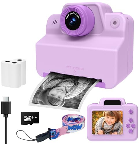 Appareil Photo Instantané, Mini Appareil Photo Numérique à Impression Instantanée Enfants avec SD Carte, Exposition Automatique 1080P Caméra Vidéo, Cadeau pour Filles Garçons 3-12 Ans (Violet)