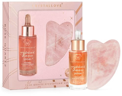 CRYSTALLOVE Rose Quartz Crystalized Set – Gesichtsserum 30 ml + Gua Sha Stein aus Rosenquarz – Anti Aging Hautpflege Set für Glow, Beruhigung & Lymphdrainage – Geschenkset