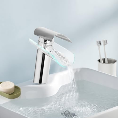 Rubinetto a cascata in vetro per lavabo, miscelatore monocomando, per acqua calda e fredda, cromatura