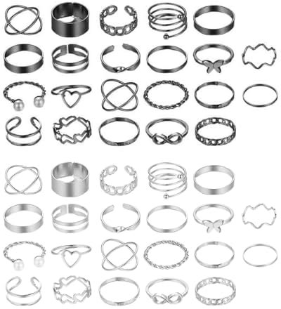MYGLOAR 44 teiliges Ringset, Edelstahlringe, verstellbare Damenringe, Federringe, Schlangenringe, Siegelringe, Boho-Ringe, Silber- und Goldringe, Fingerspinnerringe (Silber und Schwarz)