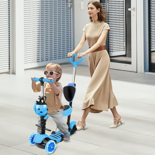 Tretroller für Kinder, 3 Räder, LED, mitwachsend, 5-in-1, Lenker, höhenverstellbar, Teleskopstange, Sattel, Rückenlehne, abnehmbar, vielseitig und abnehmbar, Blau