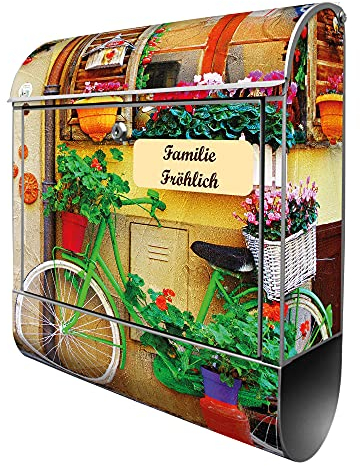 banjado® Design Briefkasten personalisiert Grünes Fahrrad 38,5x46,5x13cm & 2 Schlüssel - Briefkasten Stahl Silber Zeitungsfach pulverbeschichtet - Postkasten A4 Einwurf inkl. Montagematerial