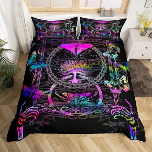 Boho-Motten-Bettwäsche-Set für King-Size-Bett, Skelett-Totenkopf-Design, Gothic-Bettwäsche-Set für Kinder, Teenager, Jungen, Mädchen, Schmetterlinge, Bäume, dekorativer Raum, geheimnisvoller