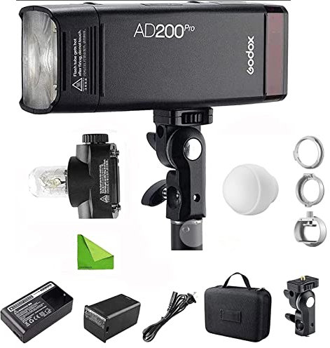GODOX AD200 Pro AD200Pro 200Ws 2.4G Flash Strobe w/Godox ML-CD15 Flash Diffuser, 500 Full Power Flashes, 2900mAh Battery, Bare Bulb/Speedlite Fresnel Flash Head Pocket Flash Monolight