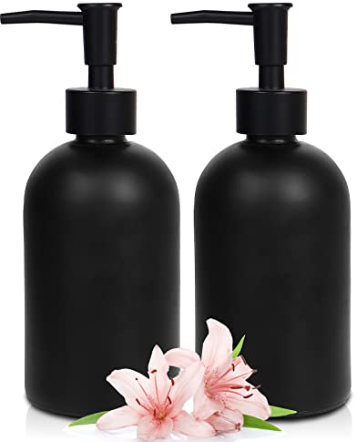 2 Pack Glass Soap Dispensers, 410 ML/14.5oz Pump Bottle Dispenser, Refillable Hand Soap Dispenser Bottle for Kitchen, Bathroom, Laundry Room (2 PCS Black)