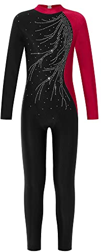 MSemis Mädchen Langarm Ballettanzug Einteiliger Gymnastikanzug Turnanzug Langarm Bodysuit Sport Overall Ganzkörperanzug 5-12 Jahre Burgundy 134-140