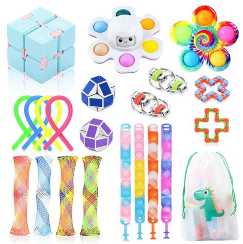 Nestling Fidget Toys Set, 22 Pcs Sensory Fidget Toys Pack, Stress Reliever Anxiety Relief Squeeze Toys Set with Pop Bubble Bracelet, Fidget Toys for Kids Adults Birthday Party Favour Gifts