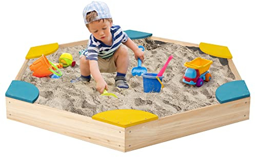 DREAMADE Bac à Sable en Bois, Boîte à Sable Enfants avec Sièges, Bac à Sable Extérieur pour Jardin, Plage, Pelouse (Hexagone Jaune)