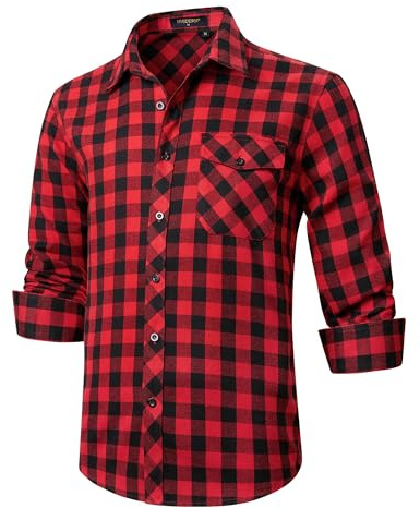 HISDERN Men's Long Sleeve Casual Plaid Flannel Shirt Checked Tartan Button Down Shirts for Men Red 3XL