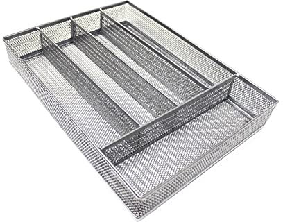 Silverware Organizer for Kitchen Drawer Utensil Cutlery Tray, 5 Compartment Mesh Cutlery Tray with Foam Feet, Stainless Steel (Silver)