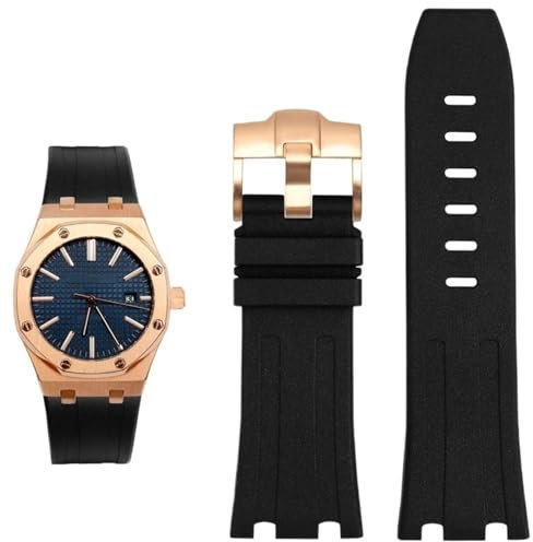 CEKGDB Gummi Silikon Armband Für AP Abby 15703 Royal Oak Offshore-Serie 28mm Uhr Kette Zubehör (Color : Black Rose Gold, Size : 28mm with Logo), 28mm-with Logo, Achate, 28mm-with logo, Achat