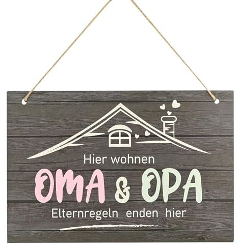 TW1TGOFT Holzschild Pension Oma Opa Geschenk, Hier Wohnen Oma & Opa, Elternregeln Enden Hier, Kreatives Großelterngeschenk, Wanddeko, Geschenk für Schwangerschaft Verkünde/Großelterntag (30 x 20 cm)